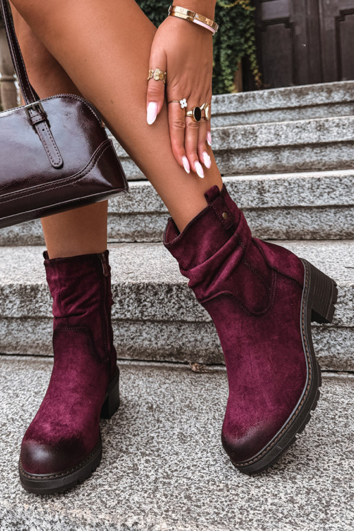 Insulated women's ankle boots with ruffles Klocke S.Barski HY62-8100 in burgundy color