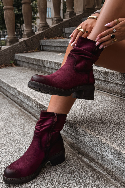 Insulated women's ankle boots with ruffles Klocke S.Barski HY62-8100 in burgundy color