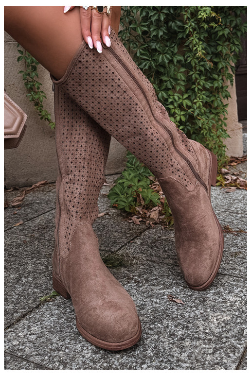 Beige Ankle Boots With Perforated Shaft Flat Heel S.Barski HY62-8144