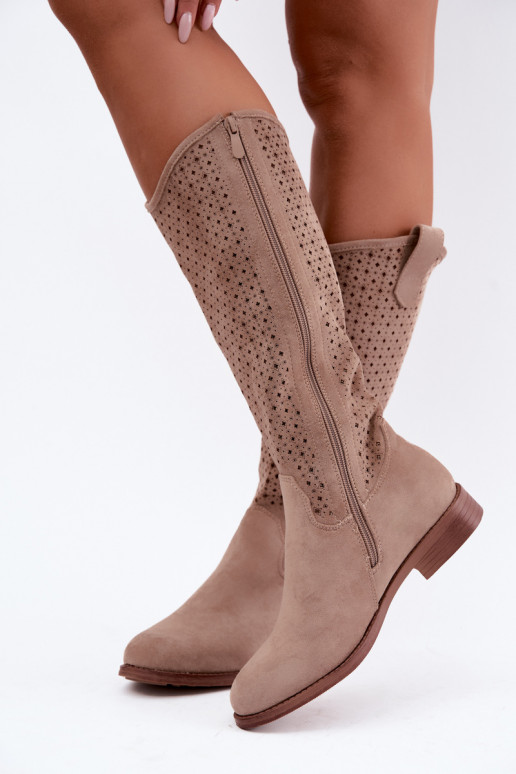 Beige Ankle Boots With Perforated Shaft Flat Heel S.Barski HY62-8144