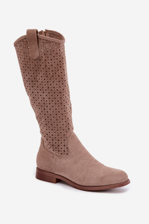 Long boots with cut-out shaft and wide heels S.Barski HY62-8144 sand