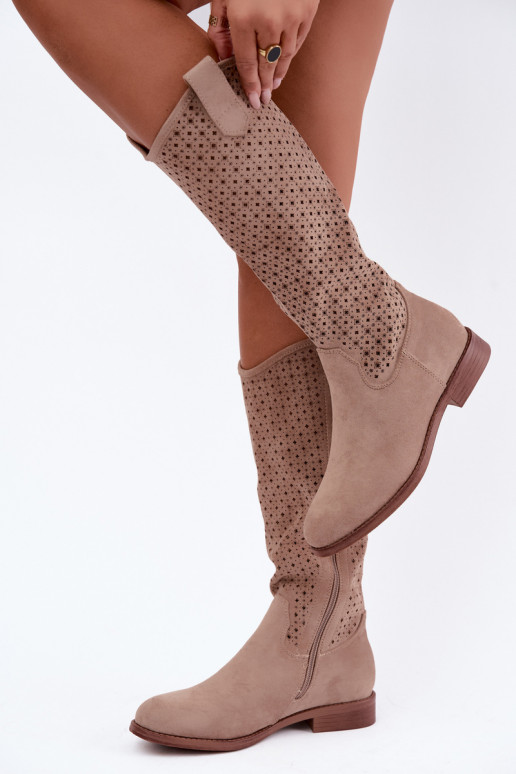 Long boots with cut-out shaft and wide heels S.Barski HY62-8144 sand