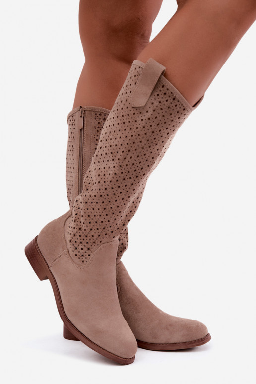 Beige Ankle Boots With Perforated Shaft Flat Heel S.Barski HY62-8144