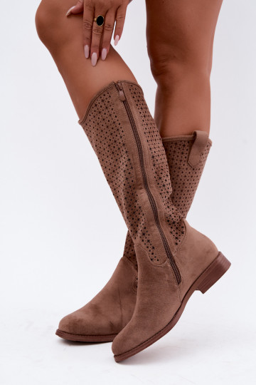 Long boots with cut-out shaft and wide heels S.Barski HY62-8144 brown 2