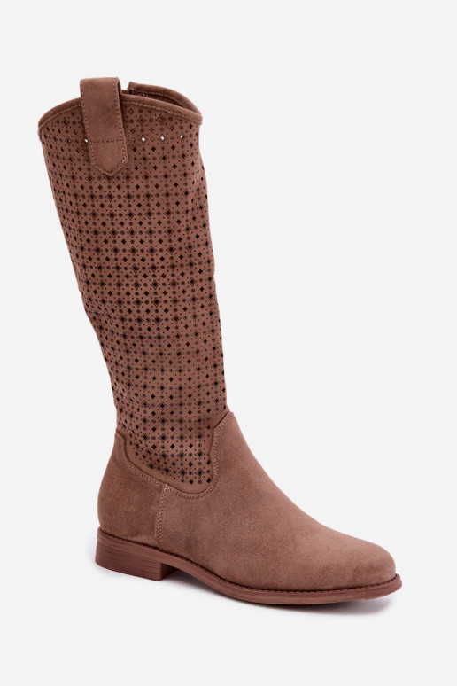 Women's Boots with Perforated Shaft Flat Heel S.Barski HY62-8144 Brown