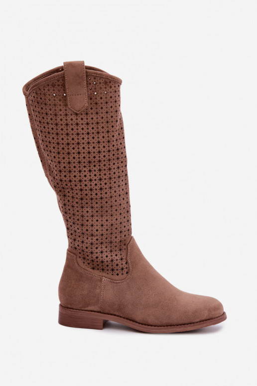 Long boots with cut-out shaft and wide heels S.Barski HY62-8144 brown