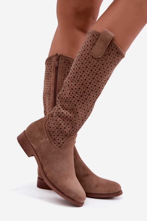 Women's Boots with Perforated Shaft Flat Heel S.Barski HY62-8144 Brown