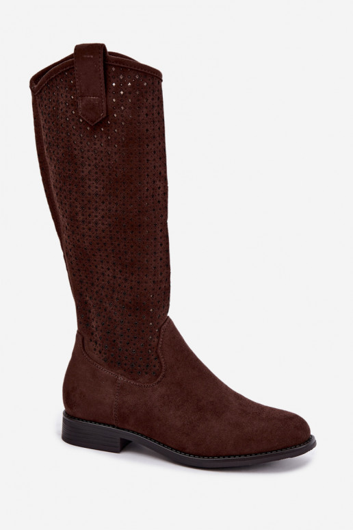Knee-high boots with cut-out design and wide heels, brown