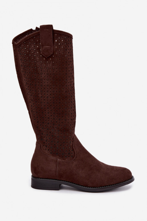 Knee-high boots with cut-out design and wide heels, brown