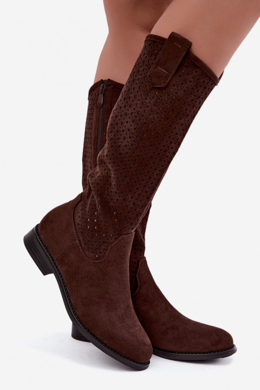 Knee-high boots with cut-out design and wide heels, brown