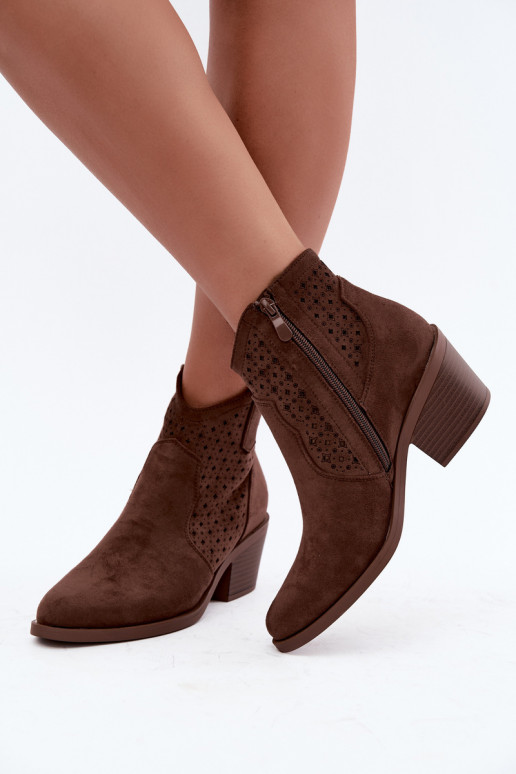 Ażurowe S.Barski HY62-8149 Brown Cowboy Ankle Boots with Heel and Perforations