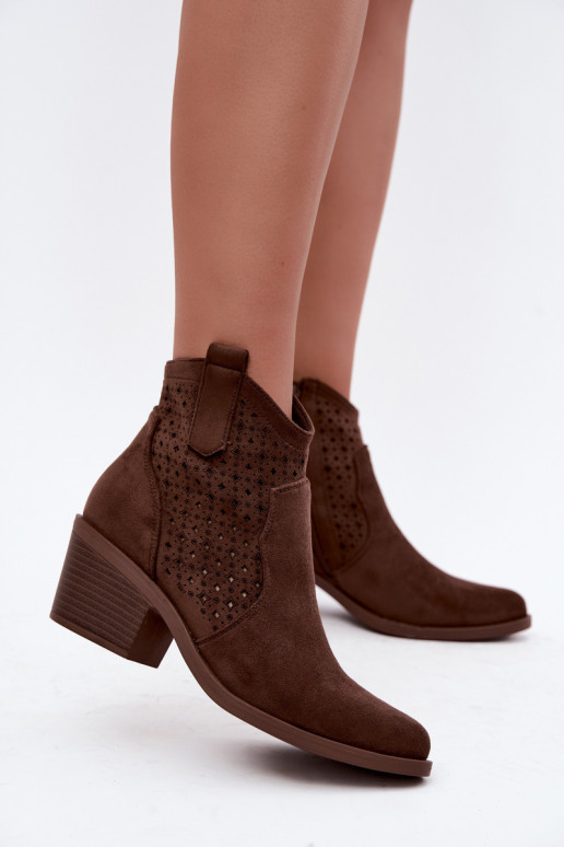 Cowboy-style ankle boots with heels and cut-out elements S.Barski HY62-8149 brown