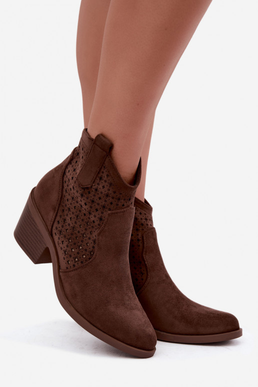 Ażurowe S.Barski HY62-8149 Brown Cowboy Ankle Boots with Heel and Perforations
