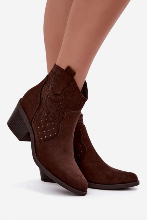 Cowboy-style ankle boots with heels and cut-out elements S.Barski HY62-8149 chocolate