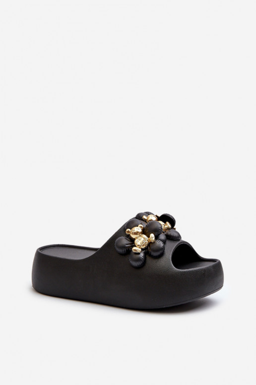 Women's lightweight slippers with beautiful details on thick sole in black Bremavia