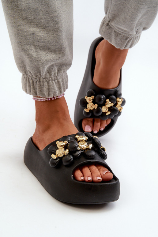Women's lightweight slippers with beautiful details on thick sole in black Bremavia