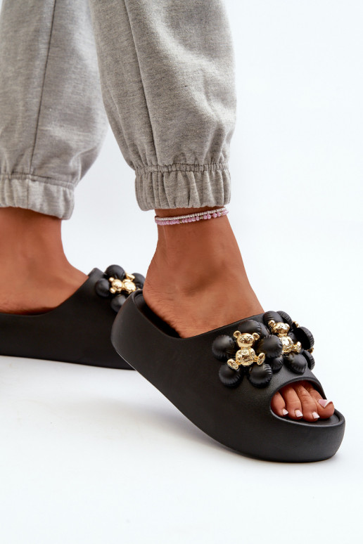 Women's lightweight slippers with beautiful details on thick sole in black Bremavia