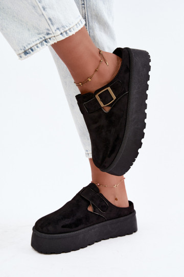 Black women's platform slippers with buckles Cressa