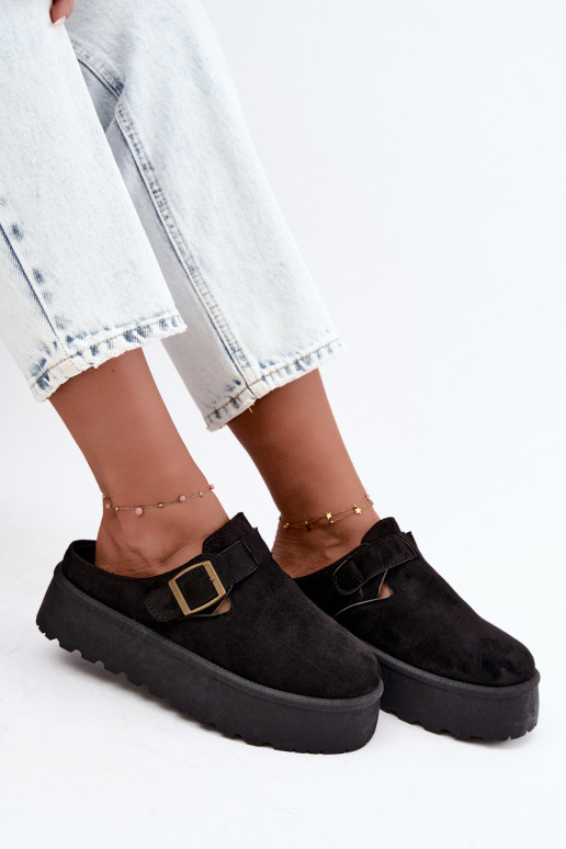 Black women's platform slippers with buckles Cressa