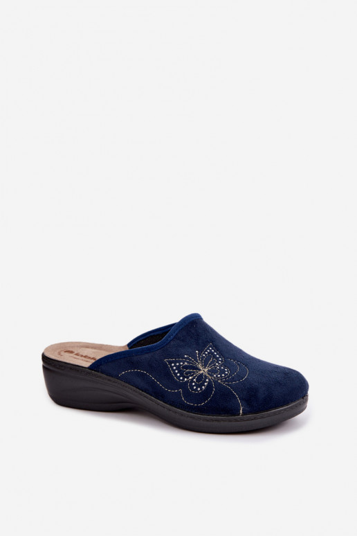 Ciemnoniebieskie damskie klapki z haftowanymi motylami Inblu LY000119