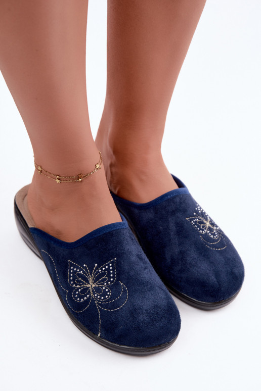 Dark blue women's slippers with embroidered butterflies Inblu LY000119