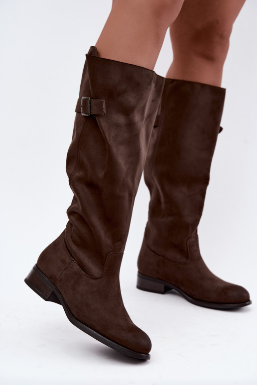 Chaki women's knee-high boots with wide heels and buckles Farela