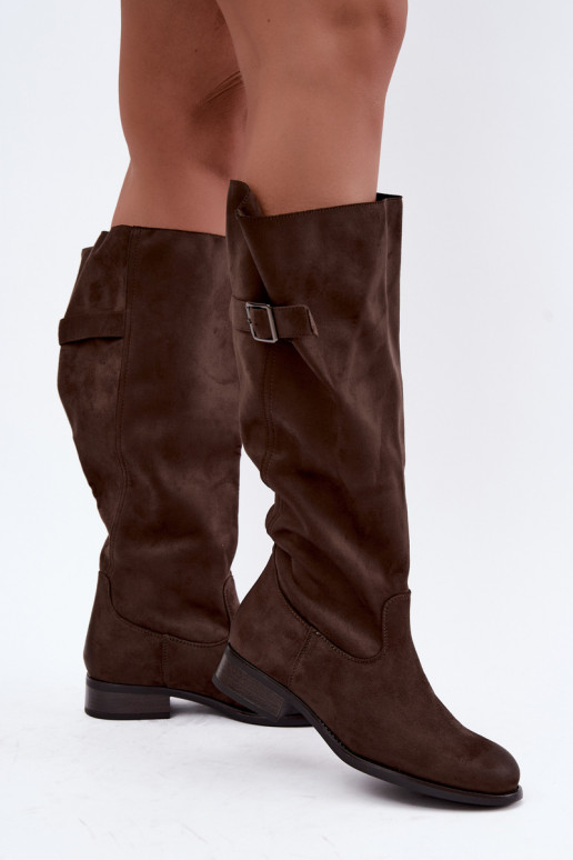 Chaki women's knee-high boots with wide heels and buckles Farela
