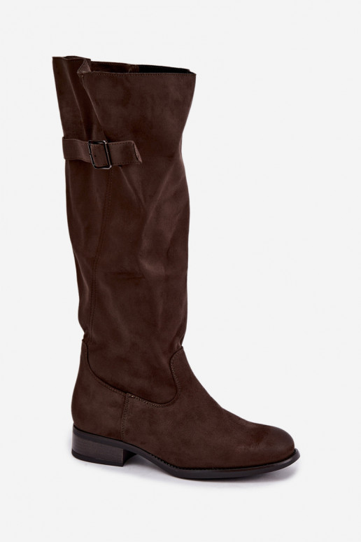 Chaki women's knee-high boots with wide heels and buckles Farela