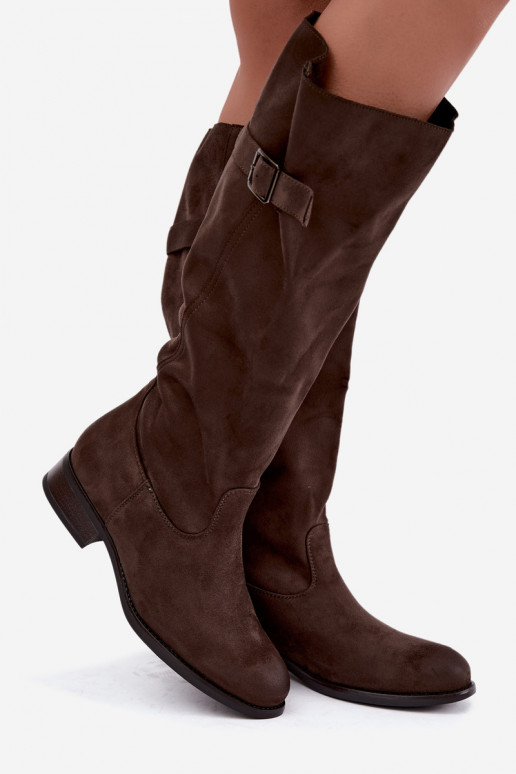 Chaki women's knee-high boots with wide heels and buckles Farela