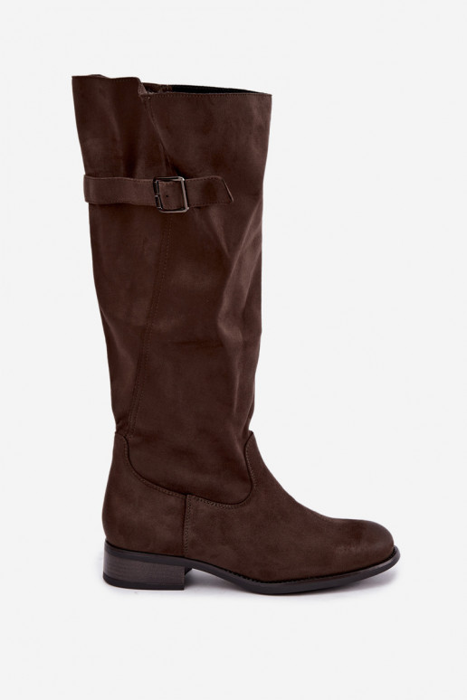 Chaki women's knee-high boots with wide heels and buckles Farela
