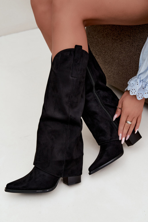 Faux fur cowboy-style knee-high boots with heels and stitched collar in black Julena