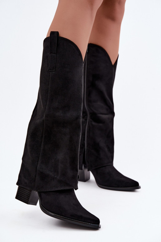 Faux fur cowboy-style knee-high boots with heels and stitched collar in black Julena
