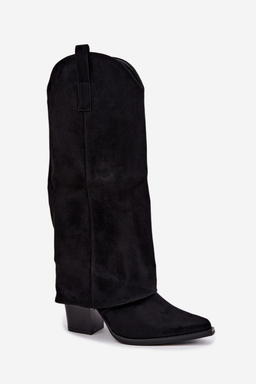Faux fur cowboy-style knee-high boots with heels and stitched collar in black Julena
