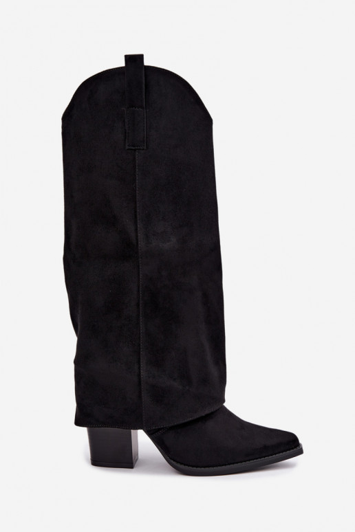 Faux fur cowboy-style knee-high boots with heels and stitched collar in black Julena