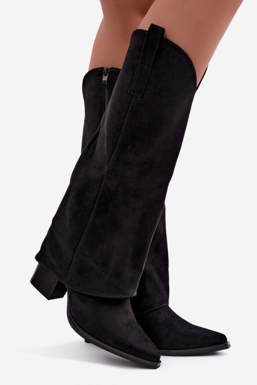 Faux fur cowboy-style knee-high boots with heels and stitched collar in black Julena