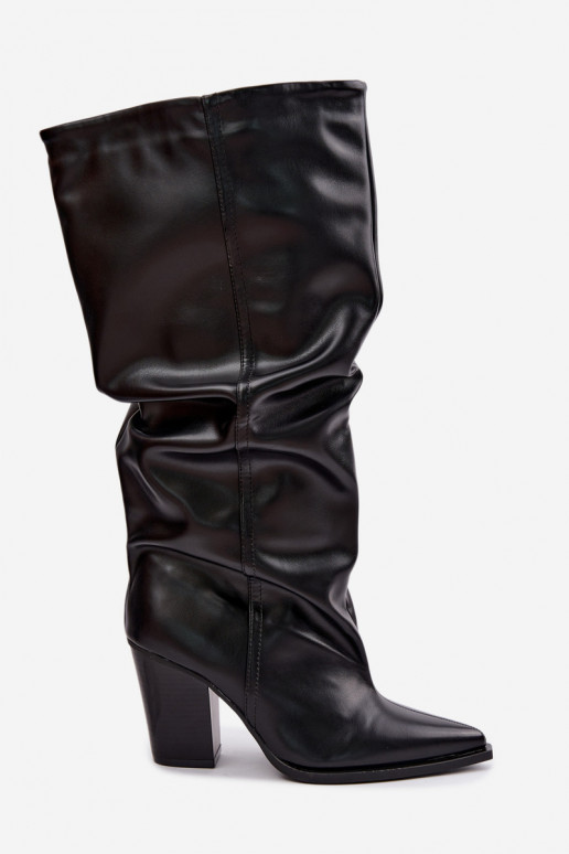 Slip-on knee-high boots with heels and ruffles in faux leather in black Jensy