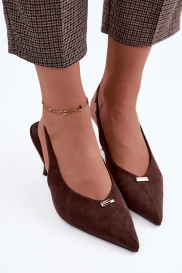 Open heel shoes with gold details and thin heels in chocolate color Renisa