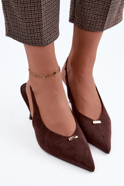 Open heel shoes with gold details and thin heels in chocolate color Renisa