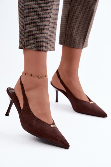 Open heel shoes with gold details and thin heels in chocolate color Renisa 2