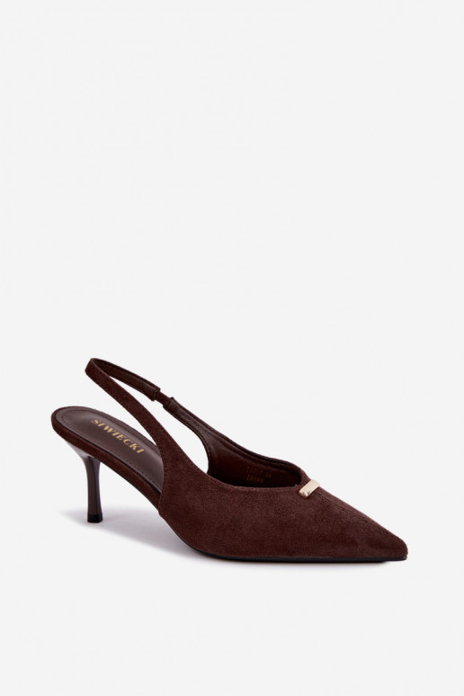 Open heel shoes with gold details and thin heels in chocolate color Renisa