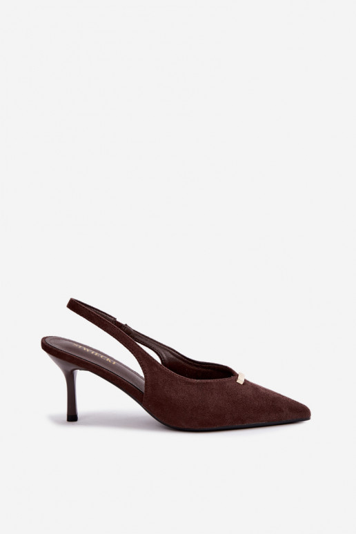 Open heel shoes with gold details and thin heels in chocolate color Renisa