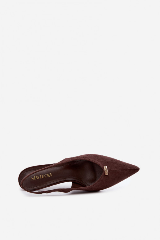 Open heel shoes with gold details and thin heels in chocolate color Renisa