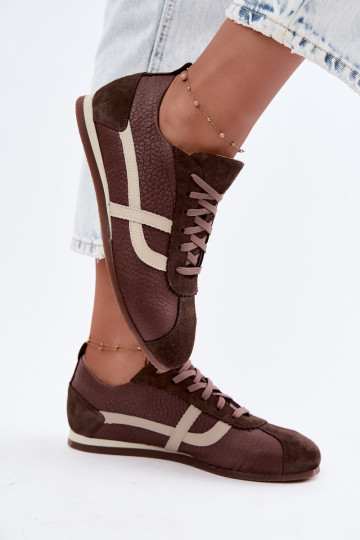 Women's Low Leather Suede Sneakers Zazoo N1402S2 Chocolate