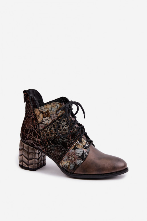 Women's ankle boots with heels, patterned and lined in brown Tai turiciejka 07591-02
