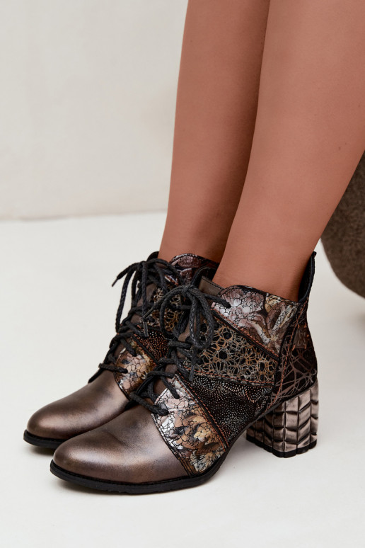Women's ankle boots with heels, patterned and lined in brown Tai turiciejka 07591-02