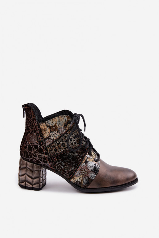 Women's ankle boots with heels, patterned and lined in brown Tai turiciejka 07591-02