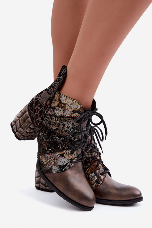 Women's ankle boots with heels, patterned and lined in brown Tai turiciejka 07591-02