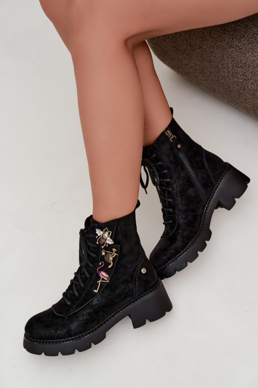 Faux leather work ankle boots with buckles in black