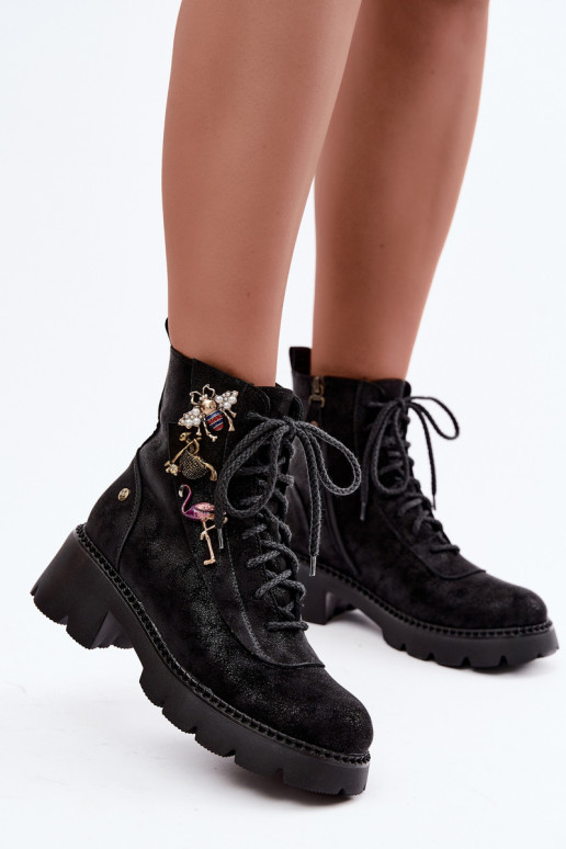 Faux leather work ankle boots with buckles in black
