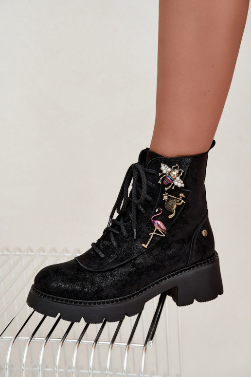 Faux leather work ankle boots with buckles in black